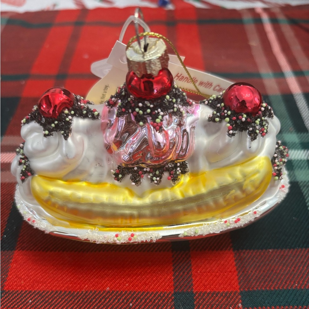 Glass Banana Split Ice Cream Ornament w/ Tag Holiday Decor